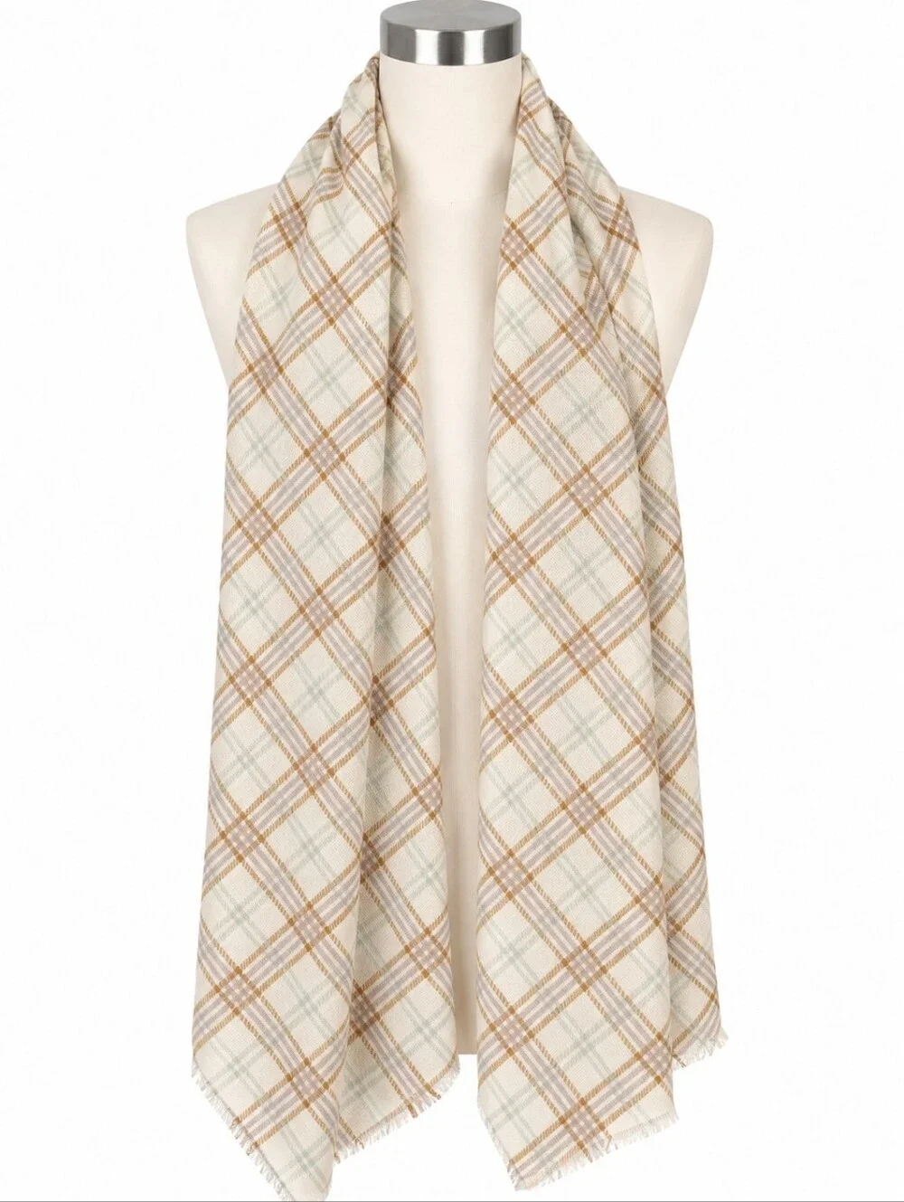 NWT Cato Women's Plaid Blanket Scarf Rectangle Fringe Tan Cream Blue Fall OS